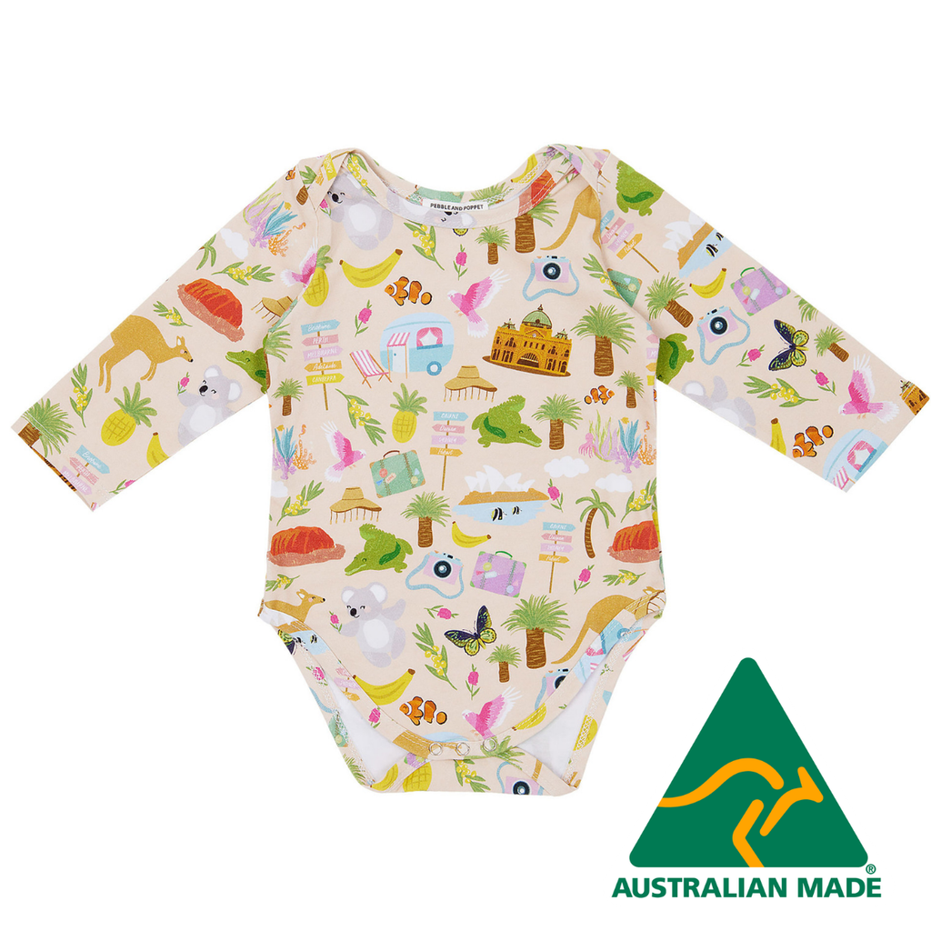 Colorful baby onesie with animal and nature pattern on a white background, featuring 'Australian Made' logo.