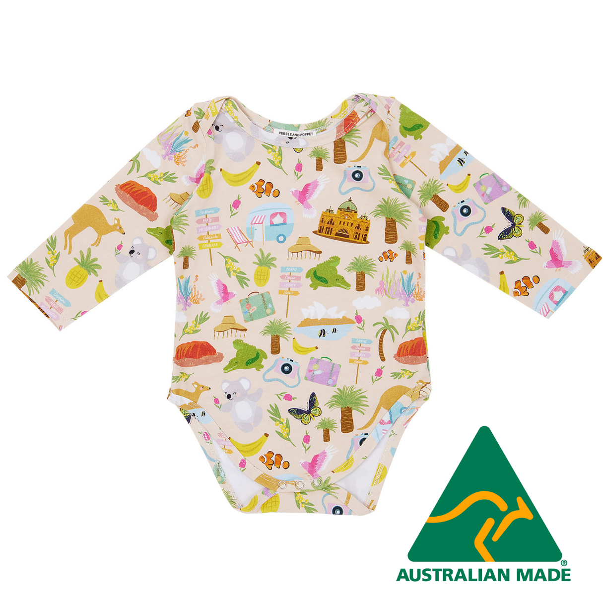 Colorful baby onesie with animal and nature pattern on a white background, featuring 'Australian Made' logo.