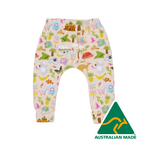 Colorful children's pants with a pattern of animals and objects, featuring an 'Australian Made' logo.