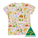 Colorful t-shirt with a tropical pattern featuring animals and objects, Australian Made logo visible.