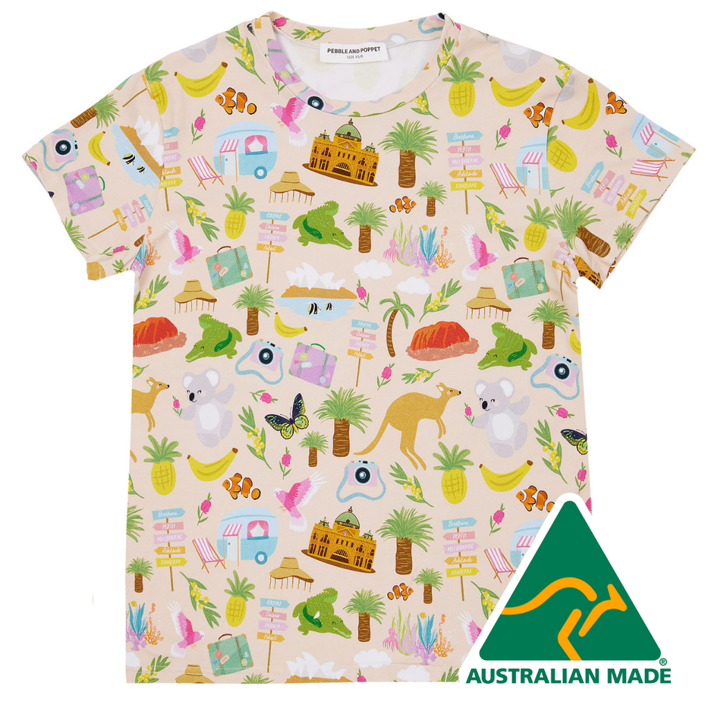 Colorful t-shirt with travel-themed design and Australian Made logo.