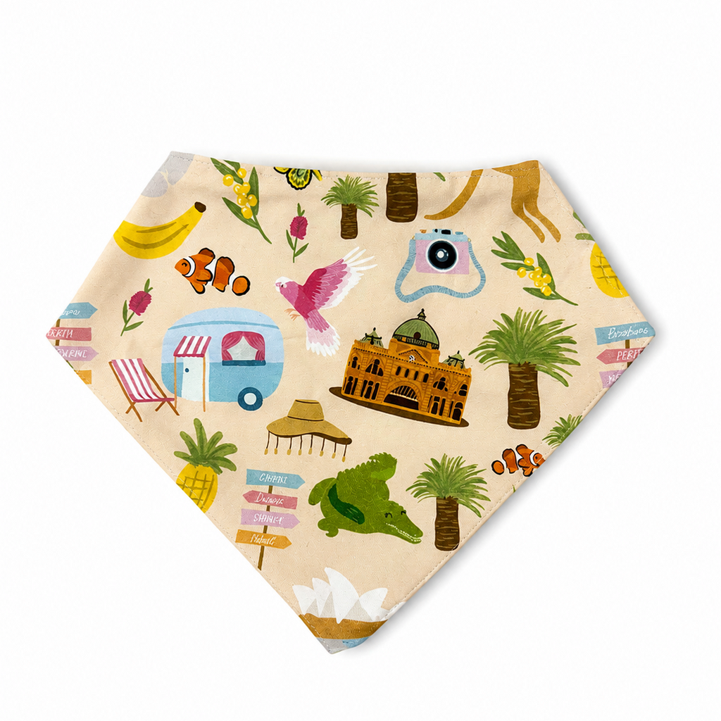 A square bandana featuring a colorful beach-themed print on a light beige background, displayed against a solid white background.
