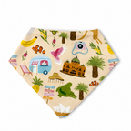 A square bandana featuring a colorful beach-themed print on a light beige background, displayed against a solid white background.