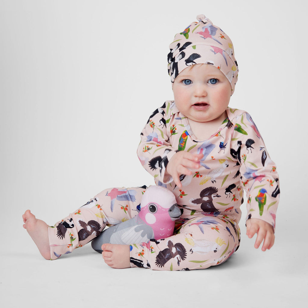Australian bird print baby pants made from soft cotton lycra for comfort and movement