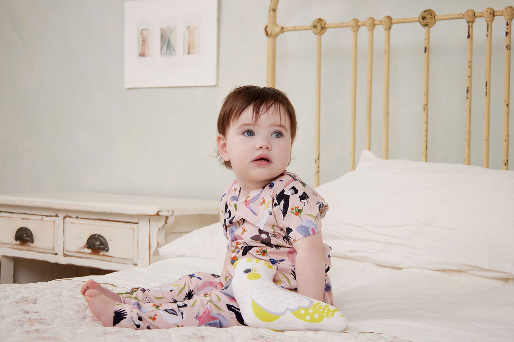Soft Australian made baby pants featuring whimsical native bird illustrations by Christie Williams