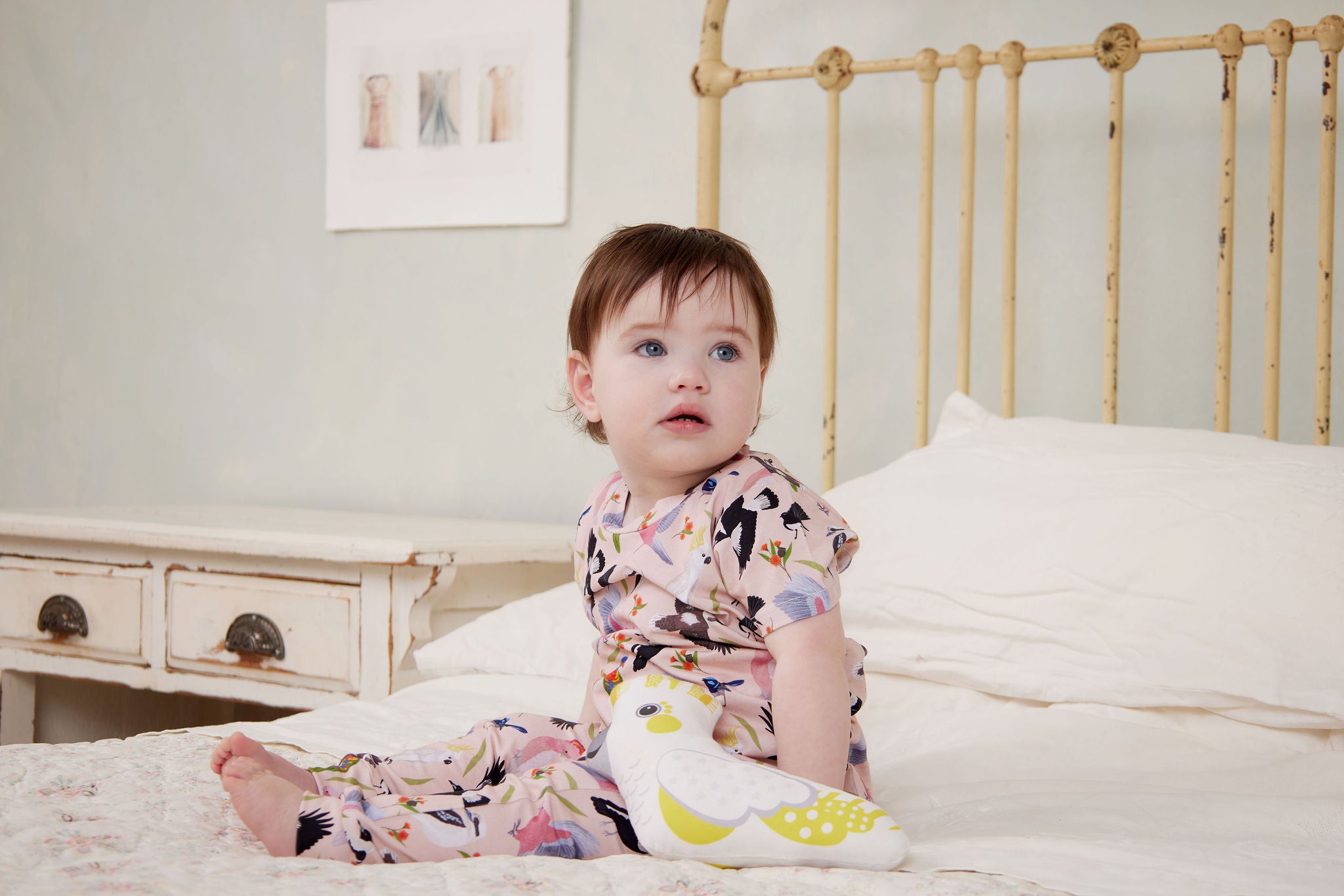 Soft Australian made baby pants featuring whimsical native bird illustrations by Christie Williams