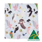 Patterned fabric with Australian birds and flowers, featuring an 'Australian Made' logo.