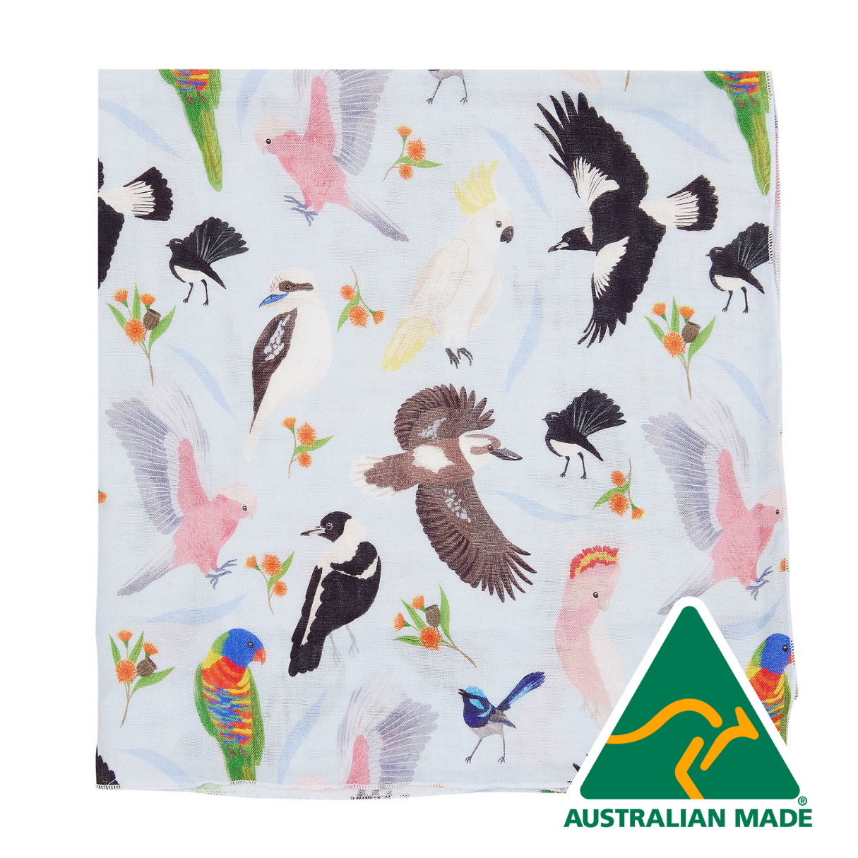 Patterned fabric with Australian birds and flowers, featuring an 'Australian Made' logo.