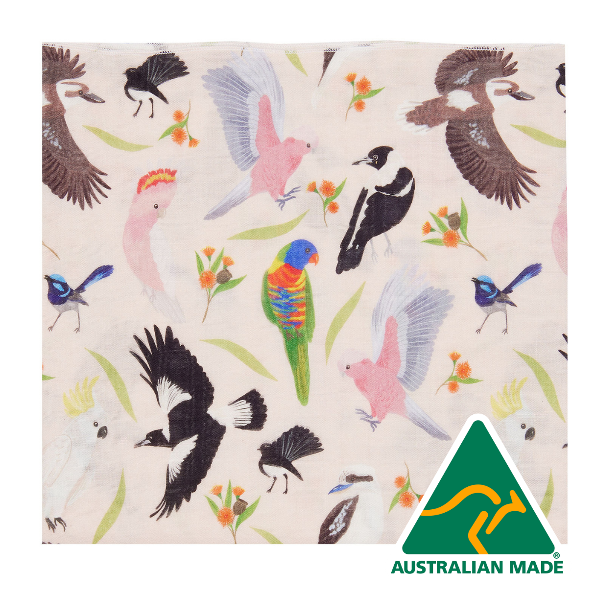 Patterned fabric with colorful birds and flowers, Australian Made logo at the bottom.
