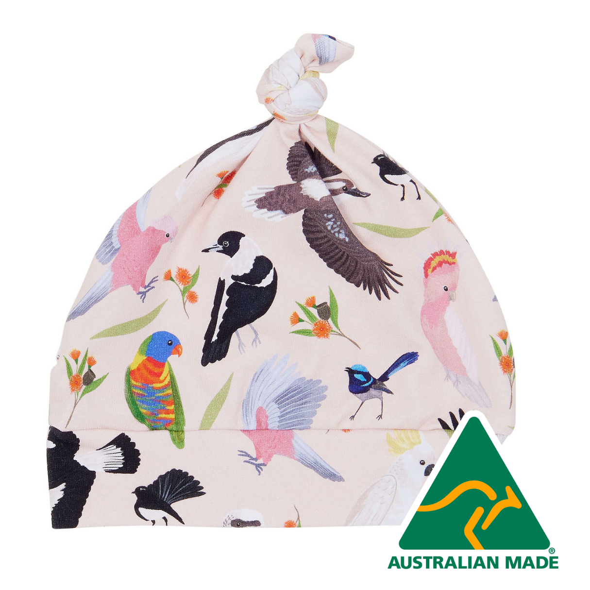 Colorful bird-patterned baby hat with Australian Made logo