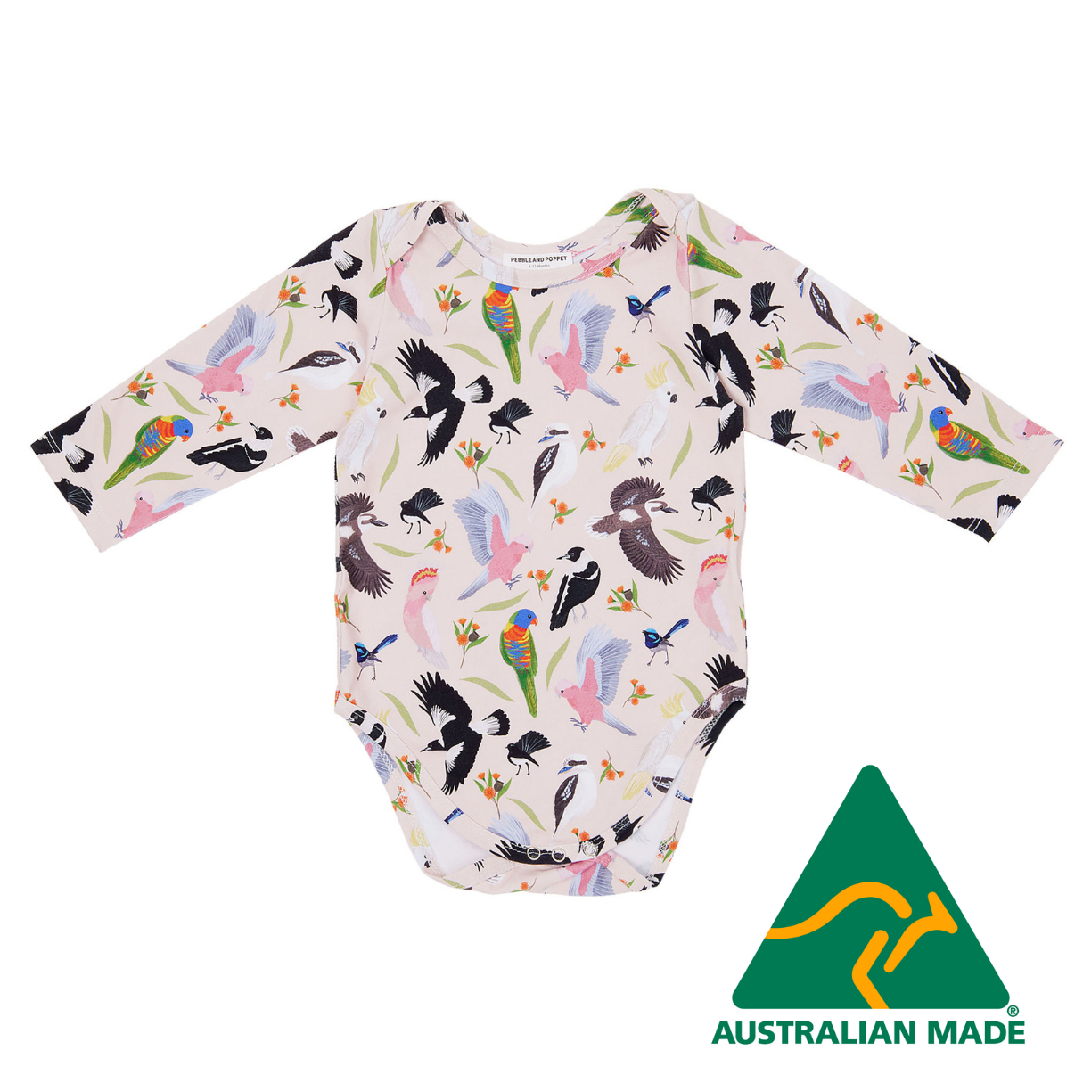 Baby onesie with bird pattern and Australian Made logo on a white background