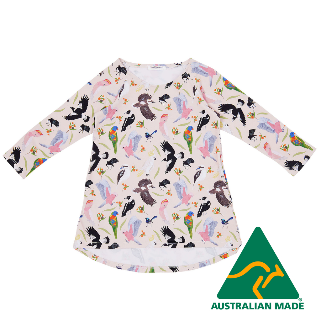 Children's long-sleeve shirt with bird pattern and Australian Made logo on a white background