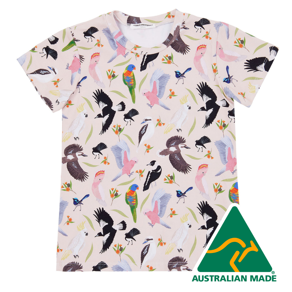 T-shirt with bird pattern and Australian Made logo on a white background