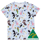 Children's t-shirt with bird pattern and Australian Made logo on a white background