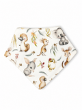 A square white fabric bandana or pocket square featuring a watercolor print of rabbits, a duck, a koala, and small flowers, shown on a plain white background.