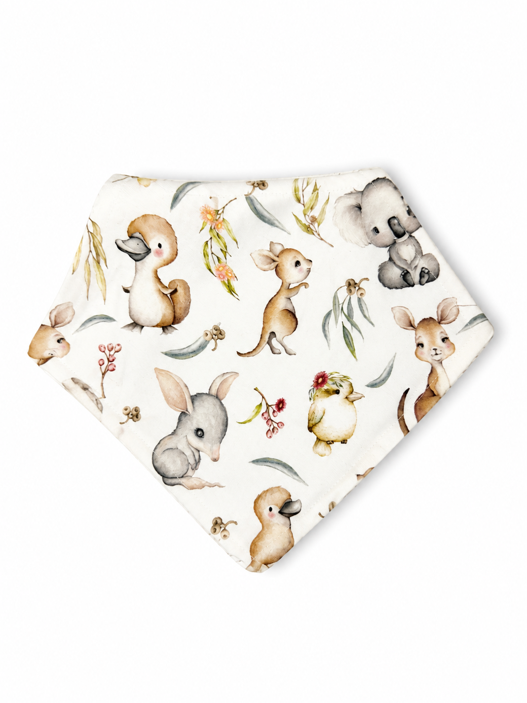 A square white fabric bandana or pocket square featuring a watercolor print of rabbits, a duck, a koala, and small flowers, shown on a plain white background.