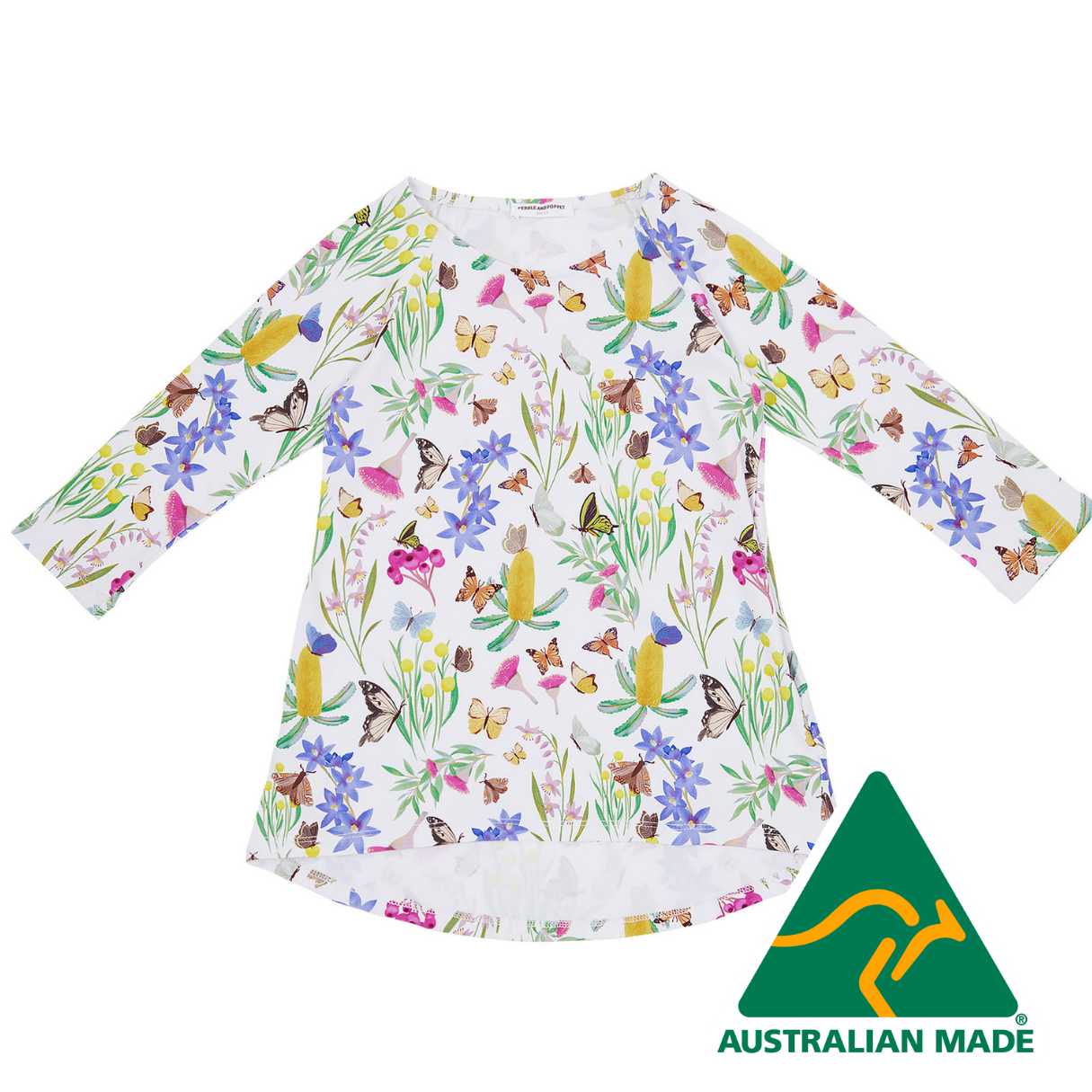 Children's dress with floral and butterfly pattern on a white background, Australian Made logo visible.
