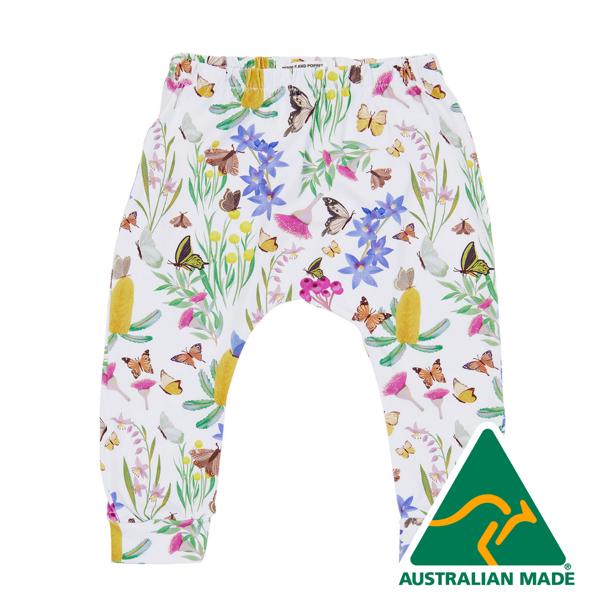 Children's pants with butterfly and floral pattern on a white background, Australian Made logo visible.
