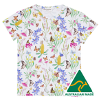 White t-shirt with colorful butterfly and floral pattern, Australian Made logo visible