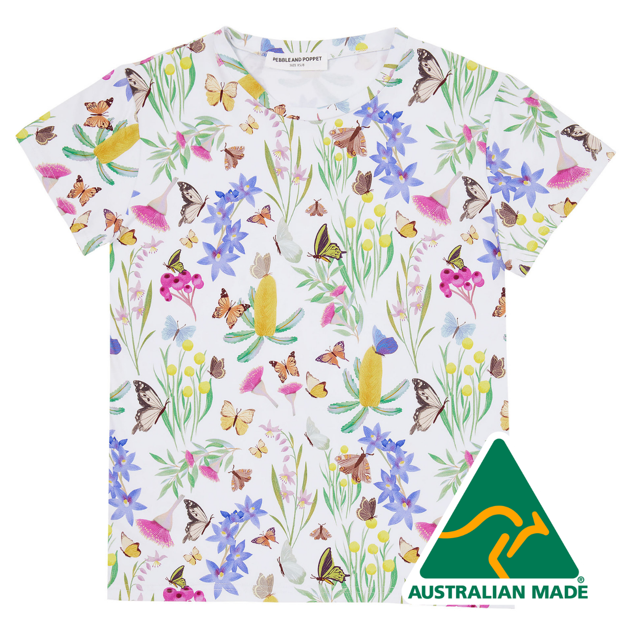 White t-shirt with colorful butterfly and floral pattern, Australian Made logo visible