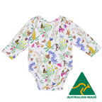 Floral and butterfly patterned baby onesie with Australian Made logo.