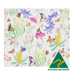 Fabric with butterfly and floral pattern and Australian Made logo