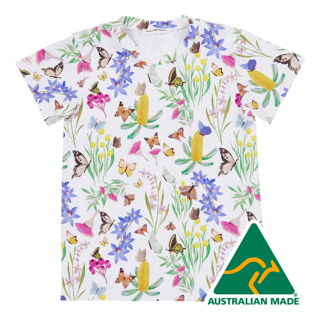 T-shirt with a colorful butterfly and floral pattern on a white background, featuring the Australian Made logo.