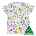T-shirt with a colorful butterfly and floral pattern on a white background, featuring the Australian Made logo.