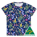 T-shirt with floral and butterfly pattern on a blue background, Australian Made logo visible