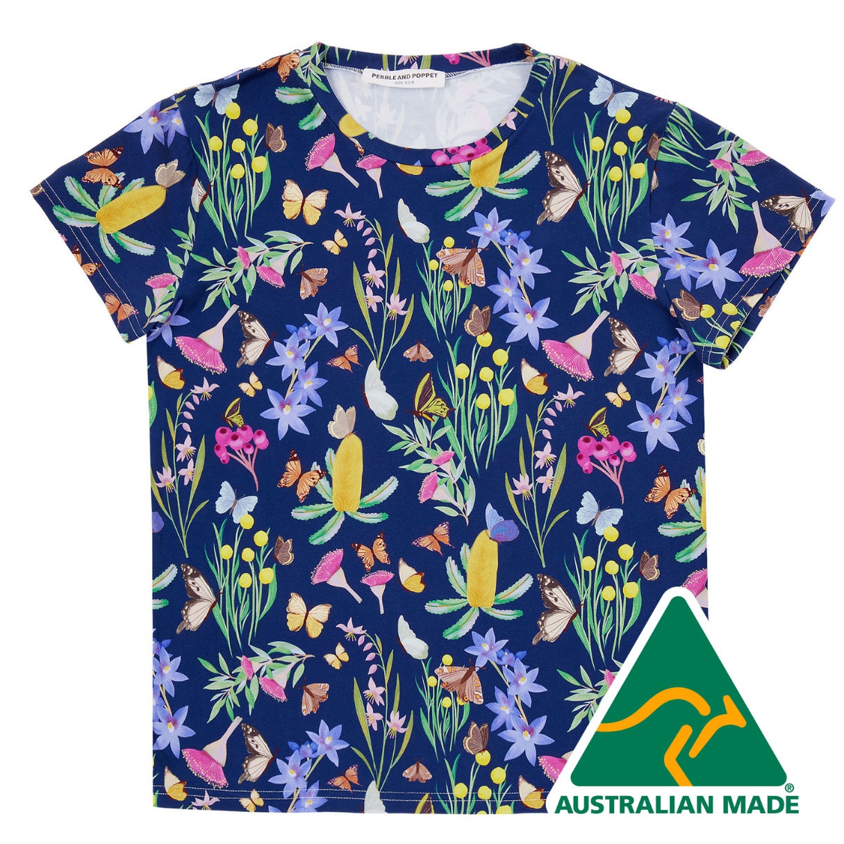 T-shirt with floral and butterfly pattern on a blue background, Australian Made logo visible