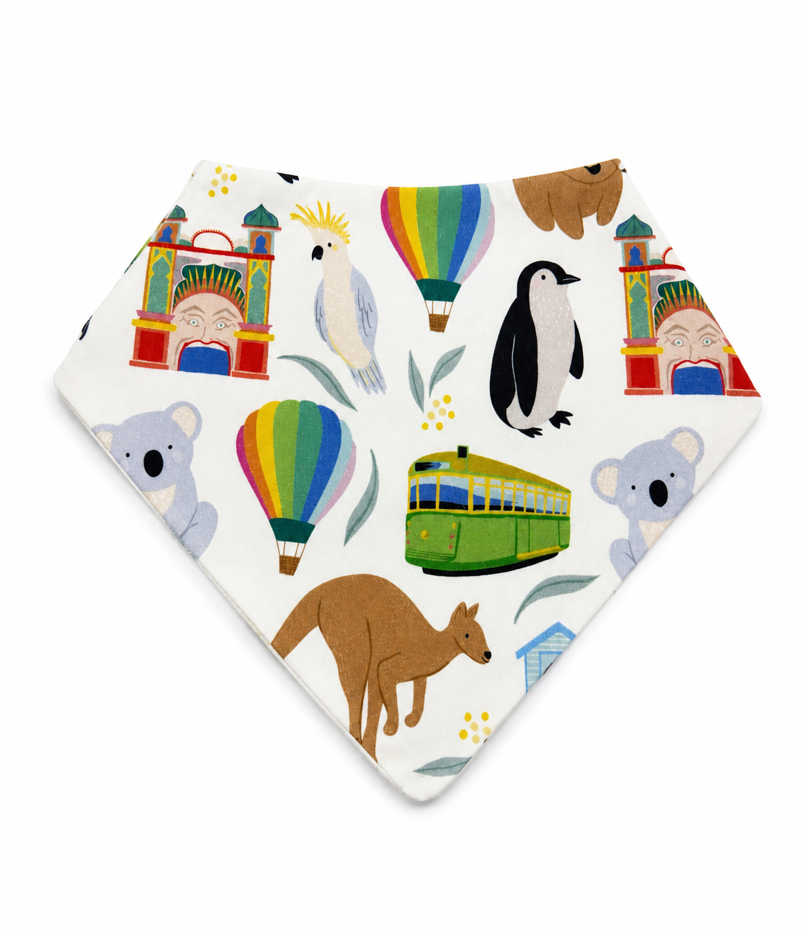 A white triangular baby bandana bib featuring a colorful Australian-themed print with koalas, kangaroo, penguin, hot air balloons, a tram, and a cockatoo.