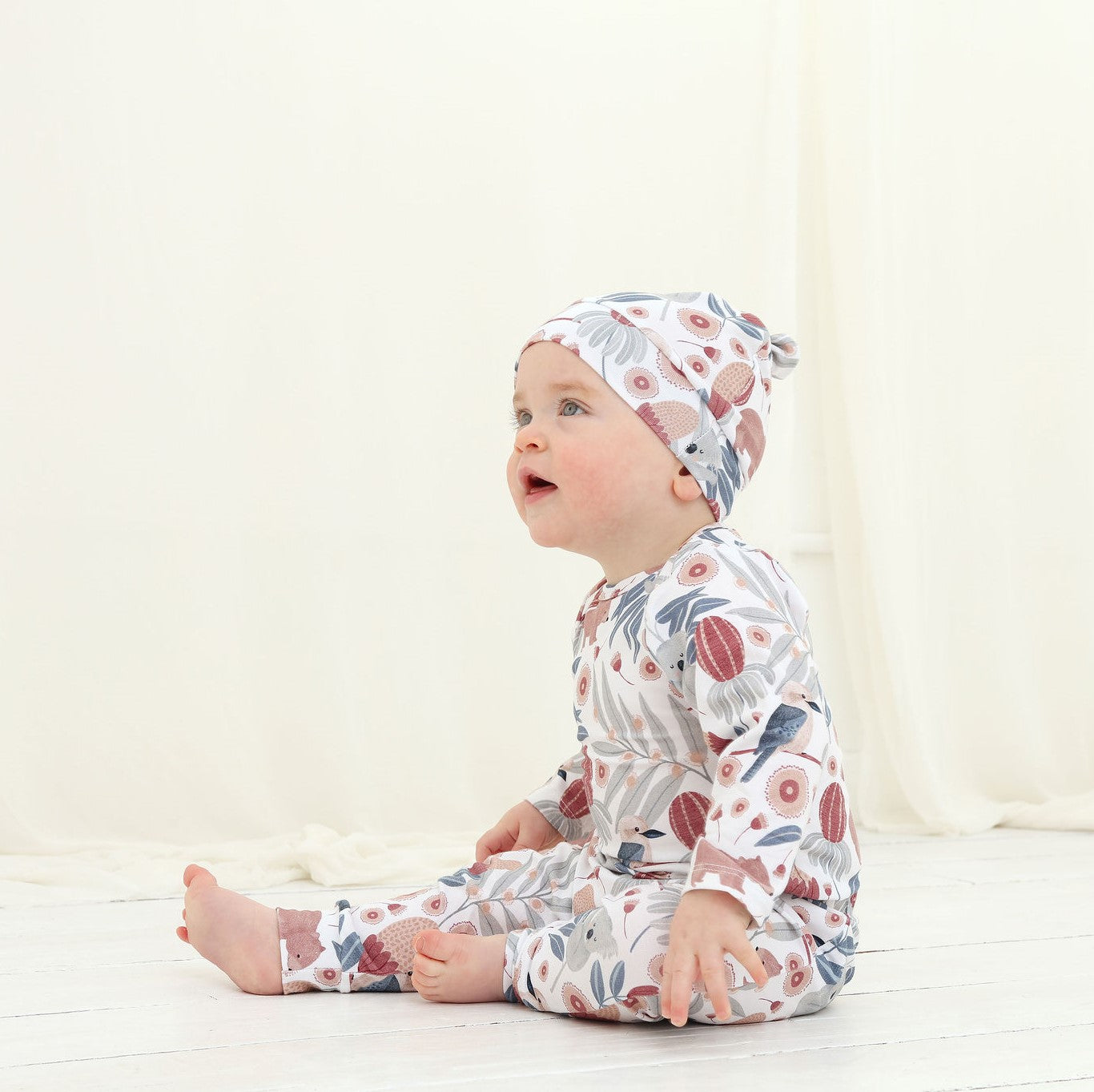 Pebble-and-Poppet-Aussie-bush-animals-Mel-Armstrong-baby-romper-pants-beanie