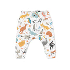 Children's pants with a print of various animals, including kangaroos, koalas, and birds, in a multicolored design on a white background.