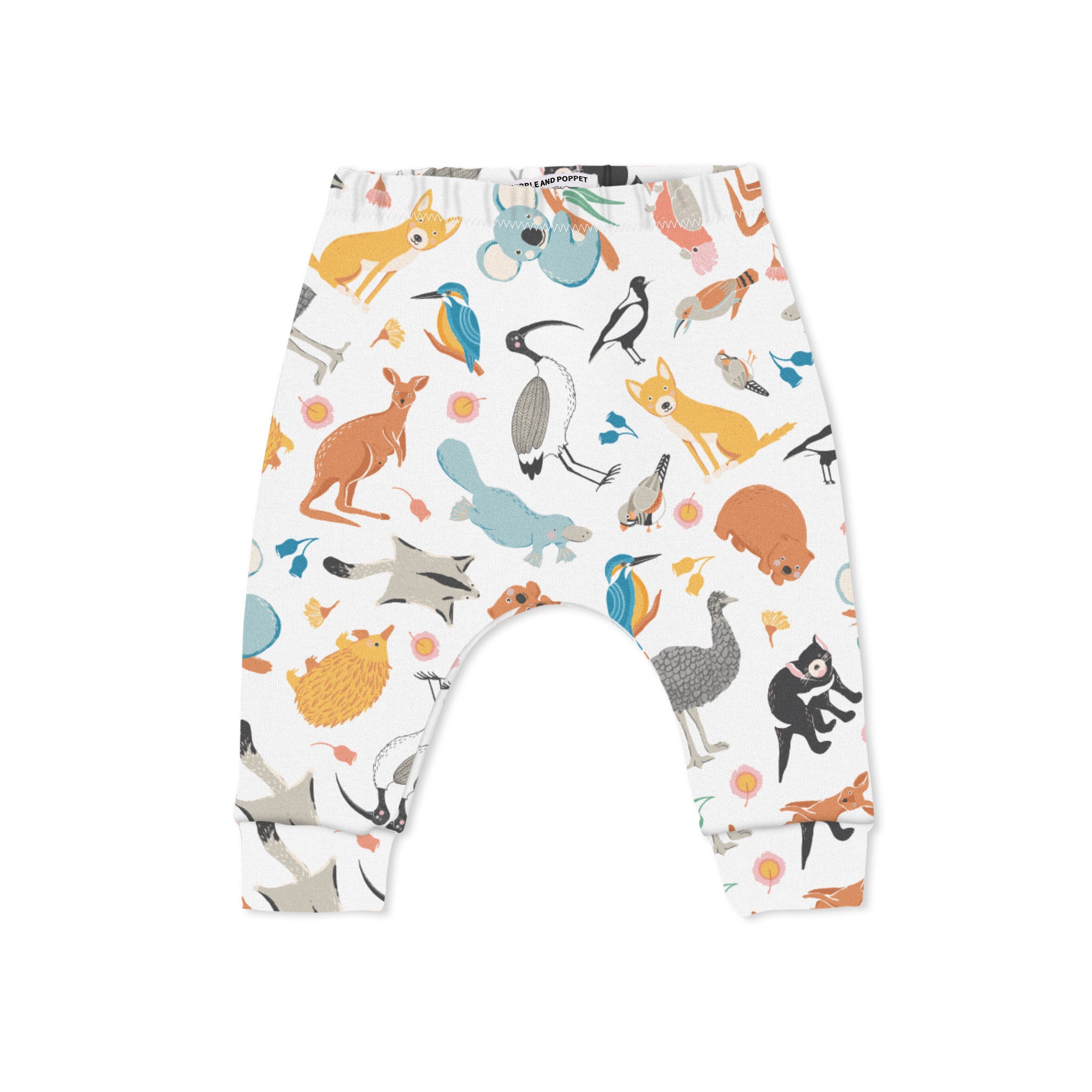 Children's pants with a print of various animals, including kangaroos, koalas, and birds, in a multicolored design on a white background.