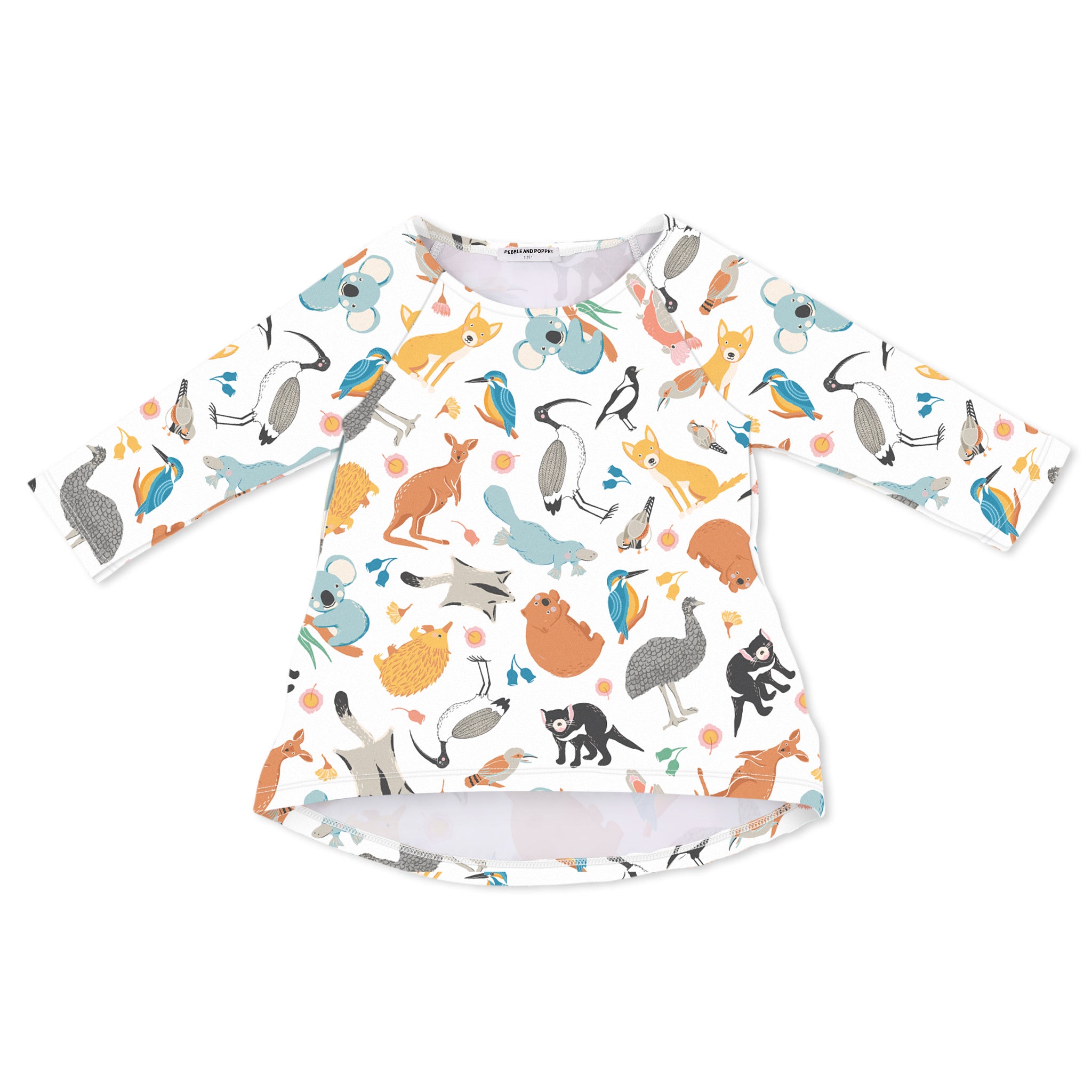 A long-sleeved girls' dress with a printed design featuring various cartoon animals and birds.