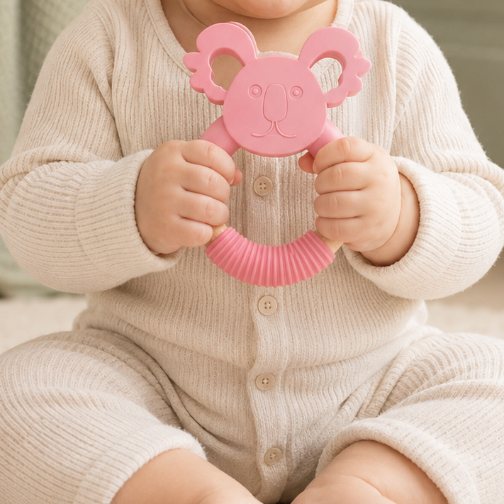 A smiling baby sitting on a cream carpet and holding a pink teether toy with a mouse face and pink rattle. The baby is wearing a cream ribbed long-sleeve romper in a softly lit nursery setting.