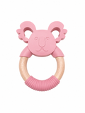 A pink and natural wood baby teething ring toy shaped like a koala head, featuring a textured pink silicone grip on the wooden ring, shown against a plain white background.