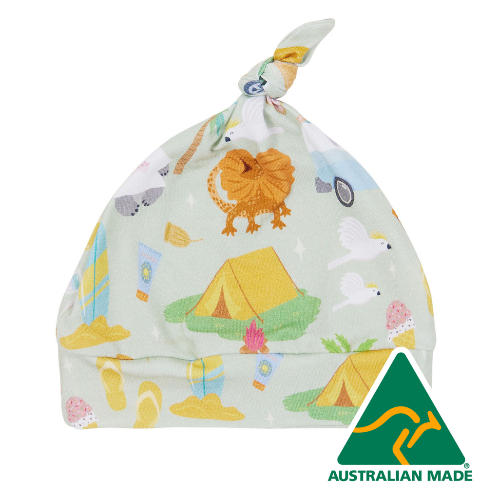 Children's hat with camping design and Australian Made logo