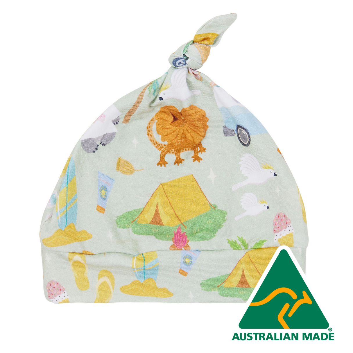 Children's hat with camping design and Australian Made logo