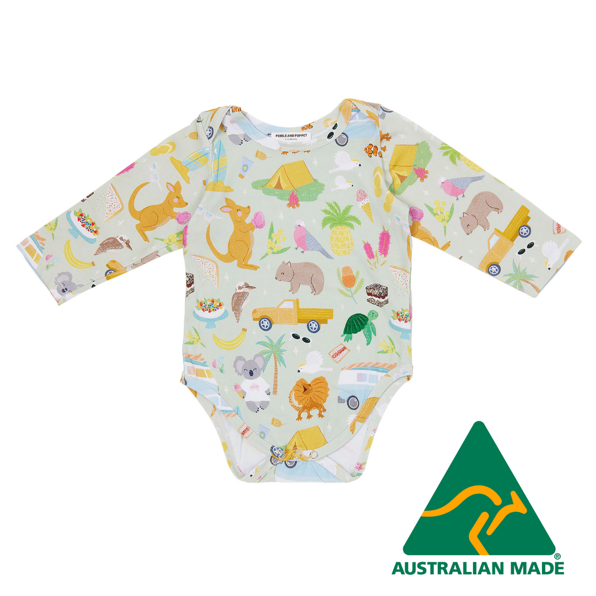 Colorful baby onesie with animal pattern on a white background, Australian Made logo visible.