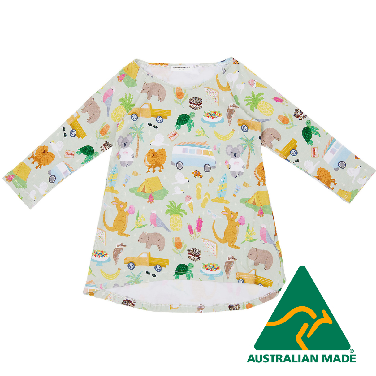 Colorful children's dress with animal and vehicle pattern on a white background, Australian Made logo visible.