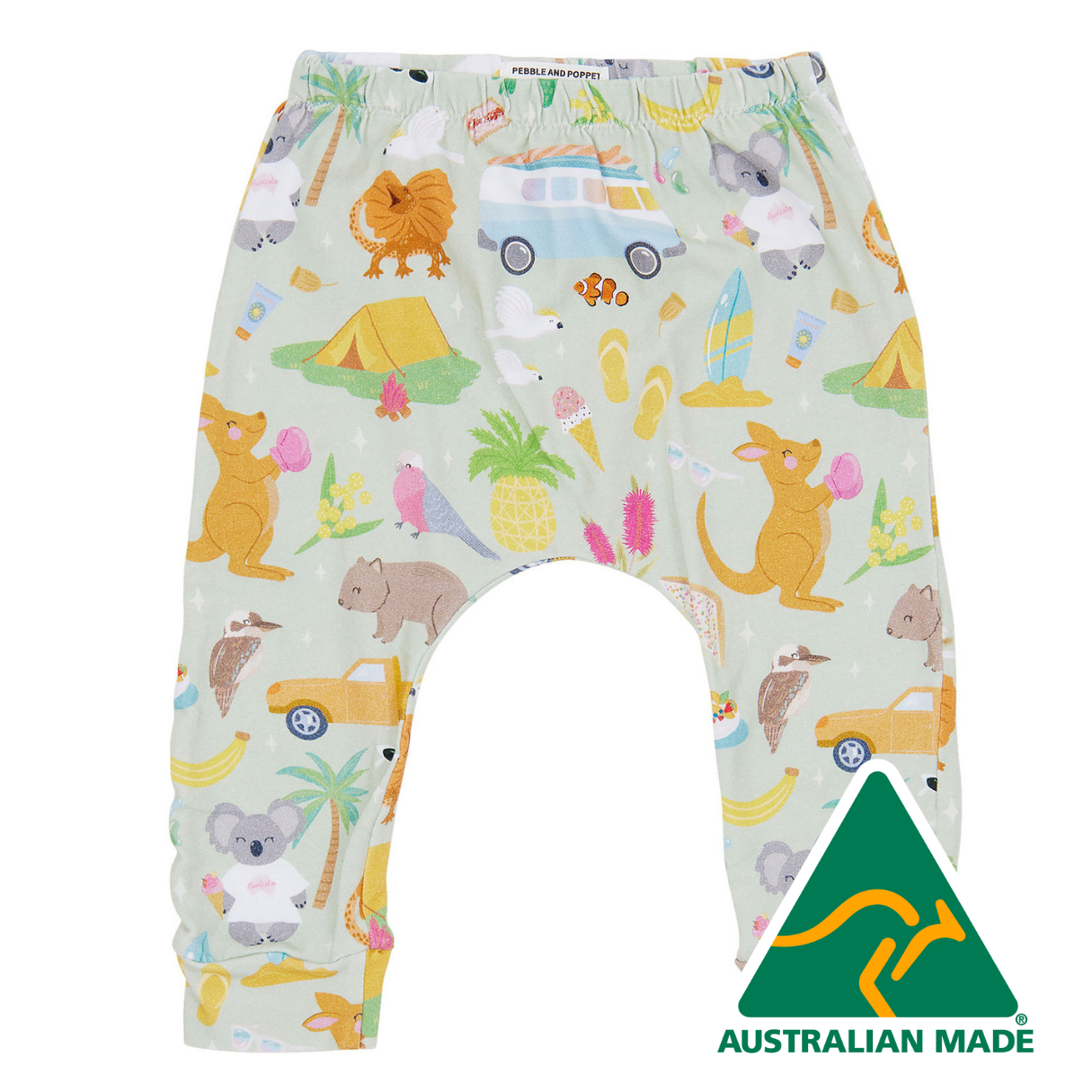 Children's pants with animal and vehicle pattern on a white background, Australian Made logo visible.
