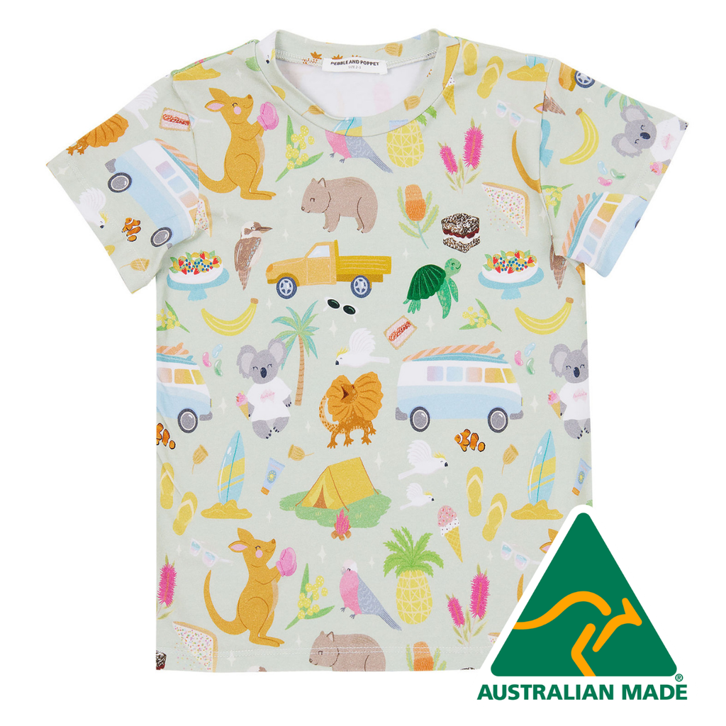 Children's t-shirt with animal and vehicle pattern on a light green background, Australian Made logo visible.