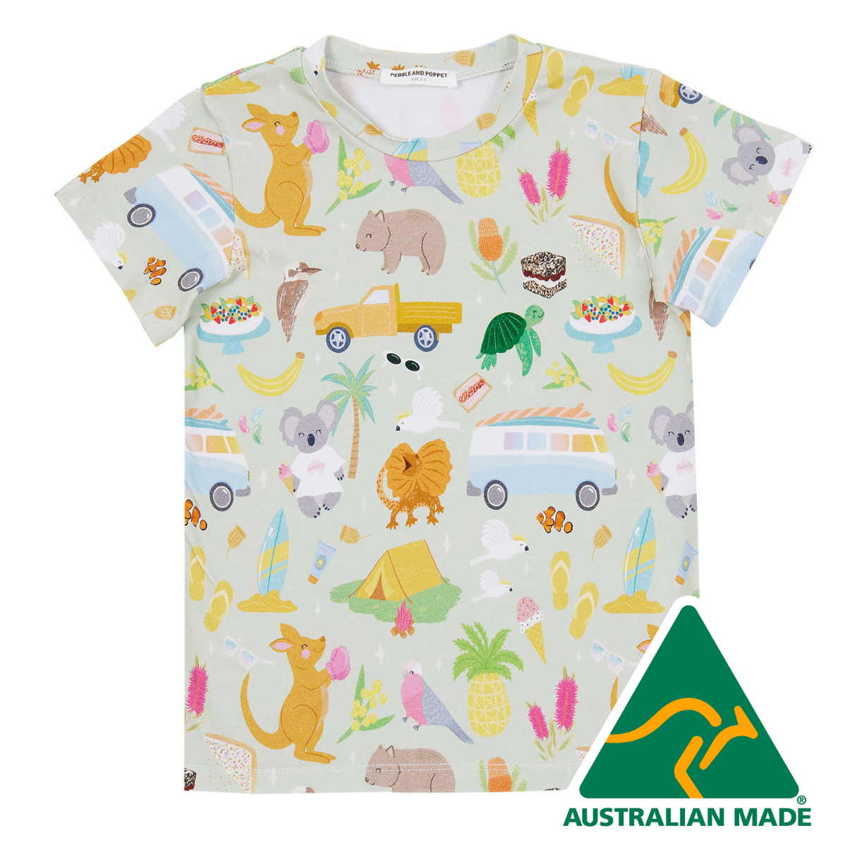 Children's t-shirt with animal and vehicle pattern on a light green background, Australian Made logo visible.
