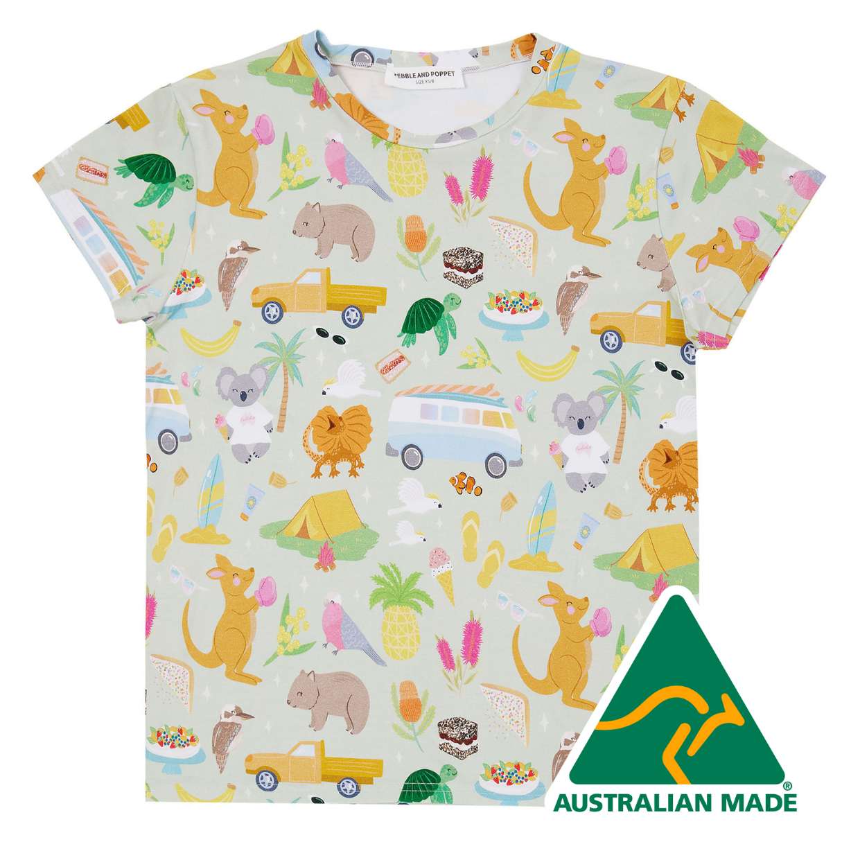 Children's t-shirt with animal and vehicle pattern, Australian Made logo visible