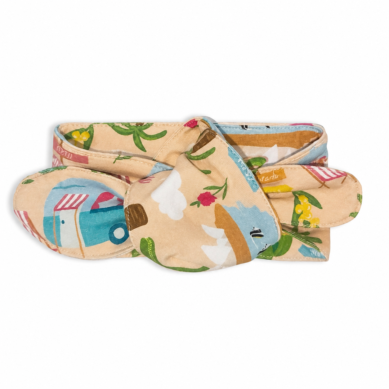 Aussie Road Trip baby headband by Pebble and Poppet featuring caravans, beaches, palm trees and Australian adventure icons on soft organic cotton, Australian made