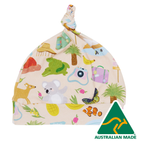 Pebble and Poppet Aussie Road Trip organic cotton baby beanie featuring Australian holiday icons, caravans, wildlife and travel-inspired illustrations by Christie Williams
