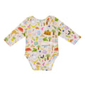Aussie Road Trip organic cotton baby romper featuring Australian landmarks, koalas, kangaroos, caravans, palm trees and road trip illustrations on a soft blush background.