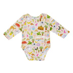 Aussie Road Trip organic cotton baby romper featuring Australian landmarks, koalas, kangaroos, caravans, palm trees and road trip illustrations on a soft blush background.