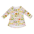 Aussie Road Trip organic cotton girls dress featuring Australian landmarks, koalas, kangaroos, caravans, palm trees and road trip illustrations on a soft blush background.